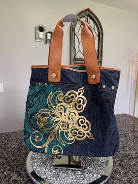 Bath & Body Works Denim Tote with Teal and Gold Accents EUC